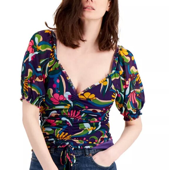INC International Concepts Retro Floral V-Neck Ruched-Front Top Women's XL - Picture 1 of 9